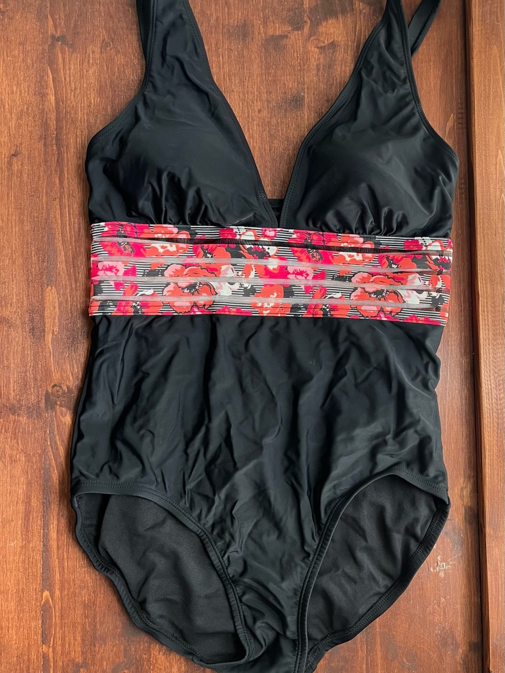 Time and Tru Black One-Piece with Floral Waistband